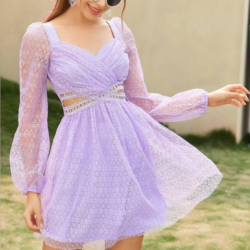 Double Crazy Sweetheart Cut Out Lace Dress Lilac Glitter Sheer Sleeves